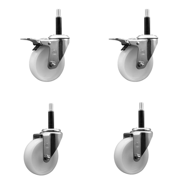 4'' Nylon Swivel 3/4'' Expanding Stem Caster Set 2 Total Lock Brakes, 4PK